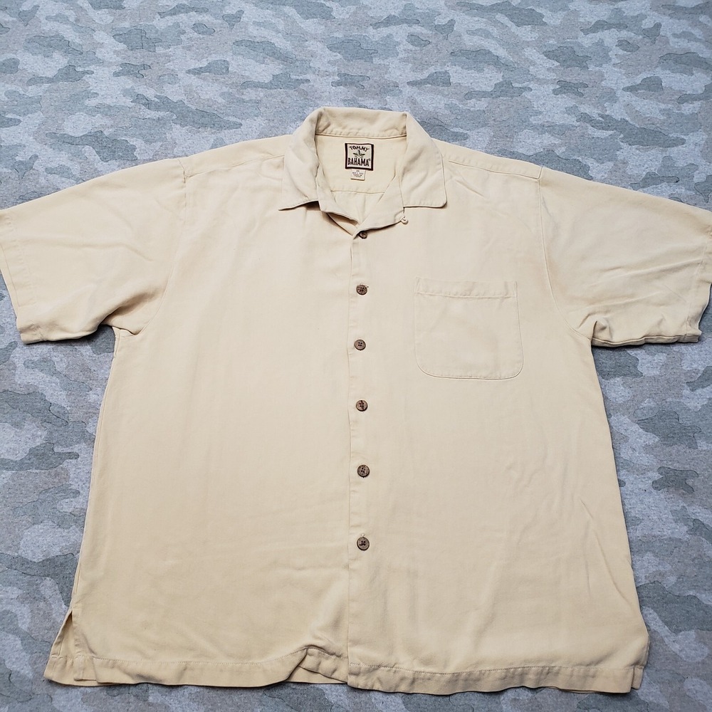 Tommy Bahama Shirt Mens‎ XL Yellow Silk Loop Collar Short Sleeve Button-Up